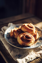 Close-up of homemade golden-brown homemade cinnamon rolls on a plate., with visible swirls. Rustic homemade baking, traditional family recipes