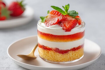 Strawberry dessert in a glass with whipped cream