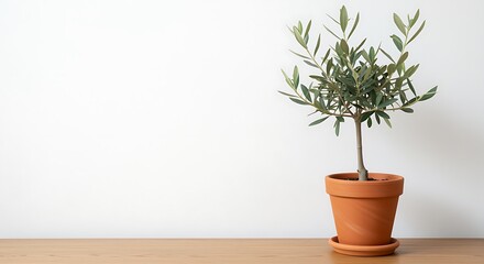 Fototapeta premium Small potted olive tree with green leaves on a wooden surface potted plant terracotta pot