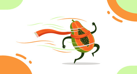 Animated Papaya Cartoon Character Running, Dressed with a Red Scarf, on White Background