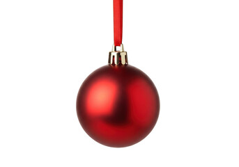 A single red christmas ornament hanging from a red ribbon, isolated on transparent background