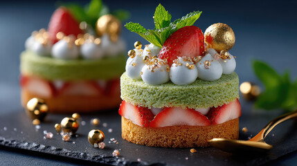 Gourmet matcha sponge dessert with strawberries, whipped cream, meringue and edible gold pearls, plated elegantly for a luxurious, artisanal patisserie presentation