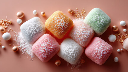 Assortment of pastel mochi pieces and other Japanese wagashi confectionery arranged on a brown surface, creating a minimalist dessert display dusted with powdered sugar and toppings