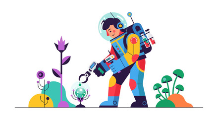 Astronaut Exploring Alien Flora: A Colorful Illustration of Botanical Investigation