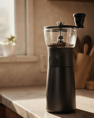 Coffee grinder on kitchen counter in sunny morning light