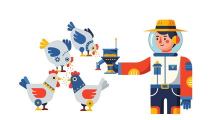 Astronaut Feeds Chickens Using a Futuristic Device with Abstract Vector Illustration
