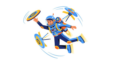 Astronaut Floating And Playing With Futuristic Flying Objects In The Cosmos