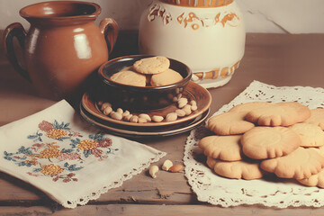 Retro-style photo of homemade cookies on a plate with nuts, embroidered napkins, ceramic sugar jar, A warm cozy nostalgic home atmosphere, simple beauty of everyday life. retro-style culinary storytel