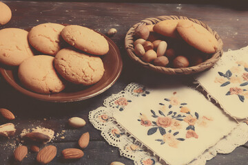 Retro-style photo of homemade cookies on a plate with nuts, embroidered napkins, ceramic sugar jar, A warm cozy nostalgic home atmosphere, simple beauty of everyday life. retro-style culinary storytel