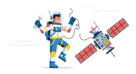 Astronaut Repairing Satellite in Space with Tools and a Cheerful Expression
