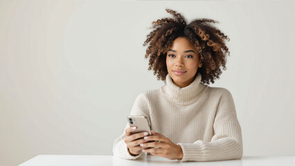 Girl with curly hair sits at table using smartphone