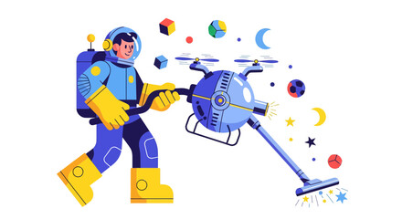 Astronaut Using Futuristic Cleaning Device to Gather Objects in a Unique Aesthetic