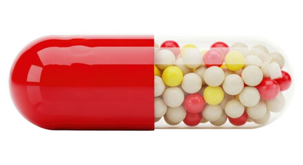 Red and Clear Capsule Pill with Colorful Micro Granules