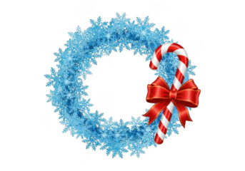 Blue snowflake wreath with a red and white striped candy cane and a red bow isolated on transparent background