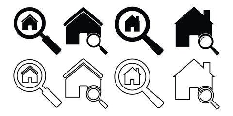 House Search Icon Set. Home and Magnifying Glass Vector Illustration