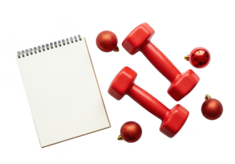 Red dumbbells and christmas ornaments with a blank notebook, isolated on transparent background