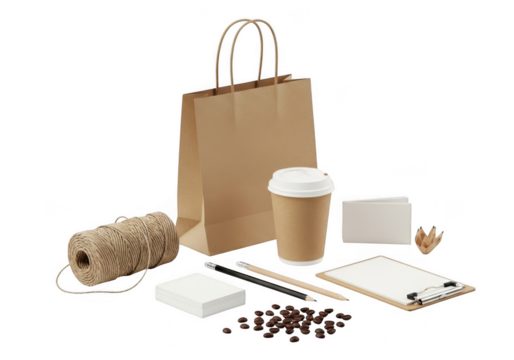A collection of items for making coffee and packaging, including a paper bag, coffee cup, beans, twine, and stationery, isolated on transparent background