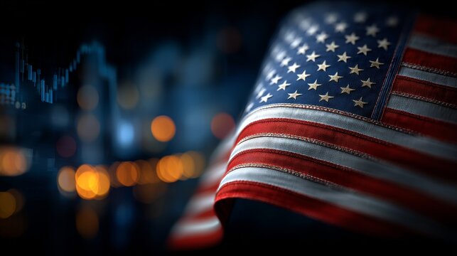 Economic turbulence illustrated: us flag and declining market graphs. Human machine. American flag before a stock graph: economic recession and stagnation depicted. Ai concept.