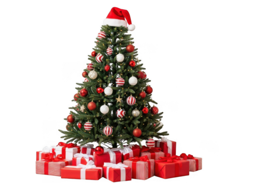 A beautifully decorated christmas tree with red and white ornaments and a santa hat on top, surrounded by red gift boxes, isolated on transparent background