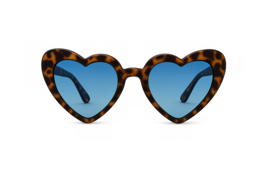 Heart-shaped tortoiseshell sunglasses with blue lenses, a fashionable accessory representing love and summer style