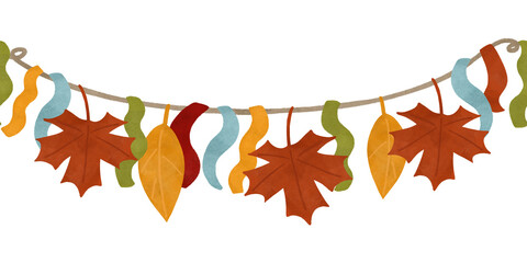 Autumn garland of ribbons and leaves, festive watercolor seamless border in autumn colors. Design element for printing, children's prints, decorations