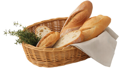 Freshly baked bread in a basket with a linen cloth isolated on transparent background