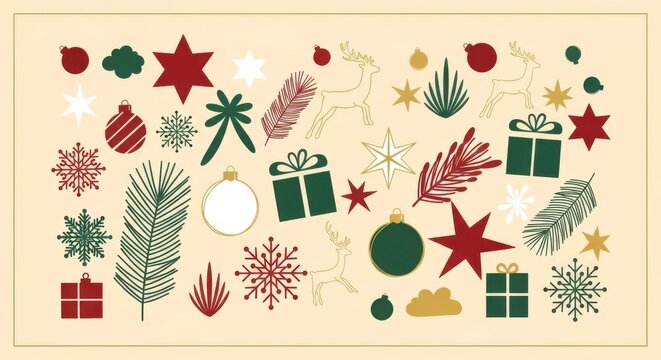 Elegant Christmas design featuring snowflakes, stars, reindeer, gift boxes, and ornaments perfect for modern holiday cards and festive winter season promotions