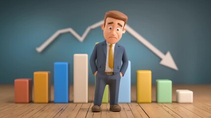 A Cartoon Businessman Analyzes Financial Growth Challenges Through Colorful Graphs and Charts in a Playful Setting - Powered by Adobe