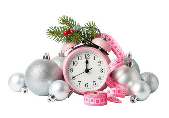 Pink alarm clock surrounded by christmas ornaments and a pine branch, isolated on transparent background