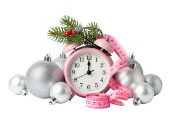 Pink alarm clock surrounded by christmas ornaments and a pine branch, isolated on transparent background