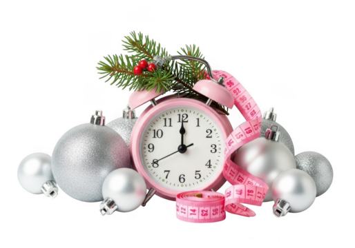 Pink alarm clock surrounded by christmas ornaments and a pine branch, isolated on transparent background