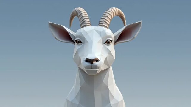 Sturdy polygonal goat with white and gray angular facets isolated on clean white background for modern low-poly animal art and minimalist 3D design visuals
