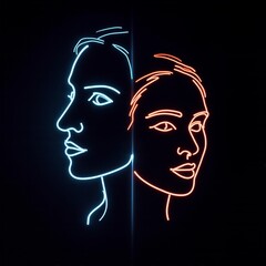 Neon profiles of a woman and a man's faces on a black background.