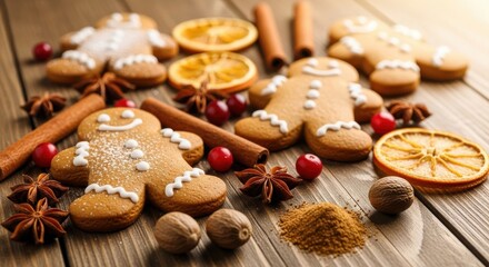 Fototapeta premium Warm, inviting festive gingerbread men cookies dusted with sugar and surrounded by aromatic spices and dried orange slices on a rustic wooden table