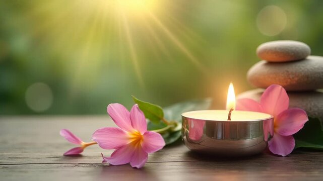 Soft pink flower and lit candle create peaceful spa atmosphere for wellness and care meditation enhancing relaxation and calm in serene natural setting