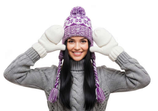 Young woman wearing a purple knitted winter hat with pompom and white mittens, smiling and holding her hands to her hat, isolated on transparent background