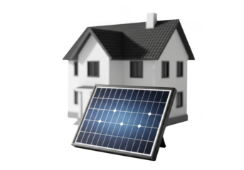 A miniature house model with a solar panel in the foreground, symbolizing renewable energy and ecofriendly living, isolated on transparent background