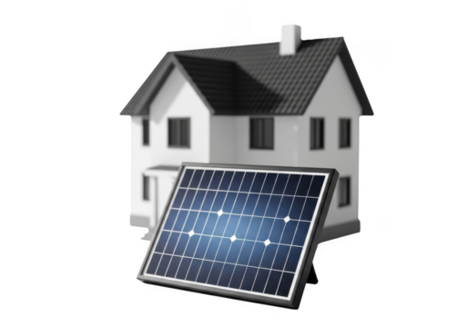 A miniature house model with a solar panel in the foreground, symbolizing renewable energy and ecofriendly living, isolated on transparent background