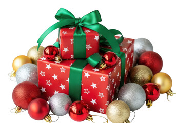 Stack of red christmas gift boxes tied with green ribbon and surrounded by festive baubles, isolated on transparent background