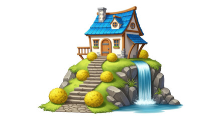 Charming Blue Roof House with Waterfall and Stairs on Hill