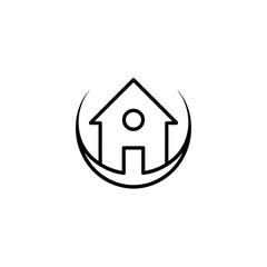 Minimalist black and white house logo with crescent moon shape