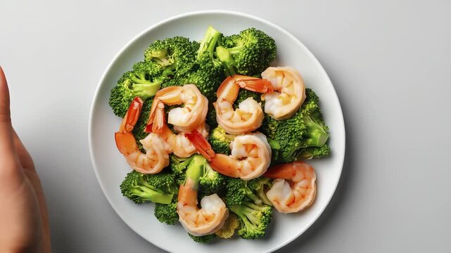A hand reaches towards a plate filled with vibrant green broccoli and pink shrimp, showcasing a healthy meal choice. The broccoli and shrimp create a colorful and appetizing presen