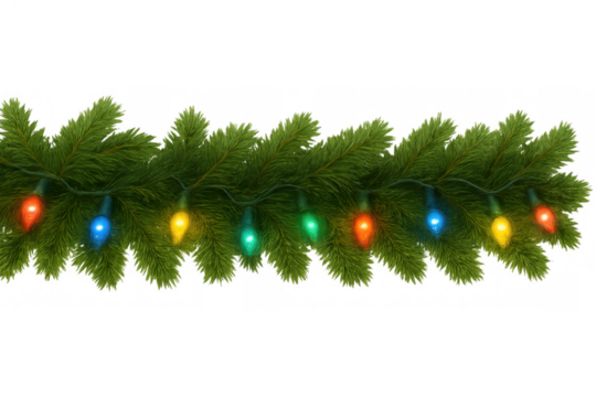 Christmas garland decorating with colorful string lights creating border on transparent background for festive design