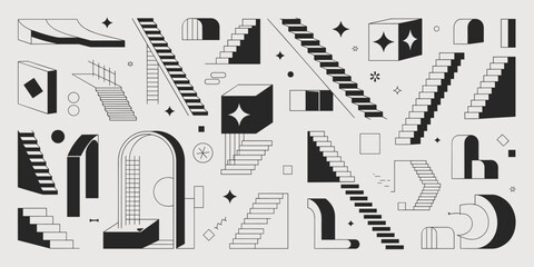 Abstract geometric shapes and stairs in black and white on a light background architecture
