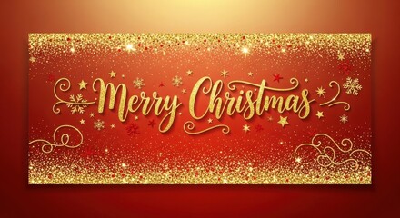 Radiant gold "Merry Christmas" text shimmering on a vibrant red background with sparkling glitter and festive snowflakes, perfect for holiday greetings.