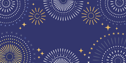 Festive dark blue background with abstract colorful fireworks and stars for celebrations
