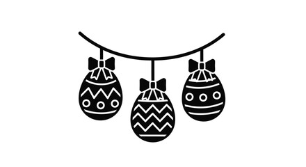 Black and white illustration of three decorated easter eggs Shapedecoration, festive banner hanging on a string