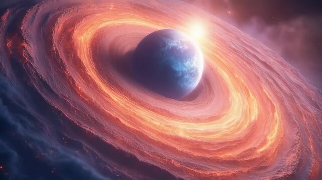 A radiant pale-blue planet surrounded by interlocking spirals of orange and magenta energy 