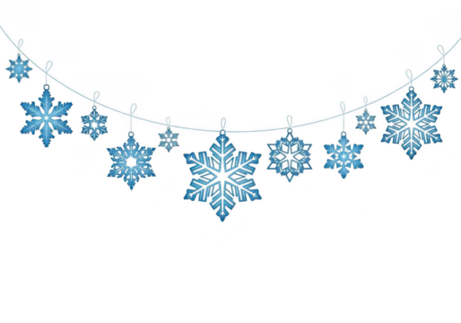 A string of blue snowflake ornaments hanging on a string, isolated on transparent background