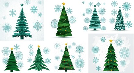 Festive green Christmas trees adorned with glowing ornaments and stars surrounded by delicate blue snowflakes create a magical winter wonderland scene for holiday celebrations.